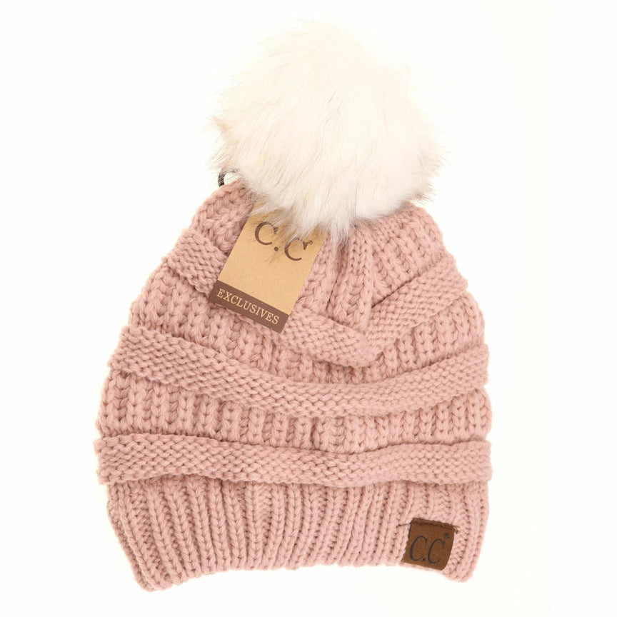 Classic Matching Fur Pom Cc Beanie - Rose/Ivory