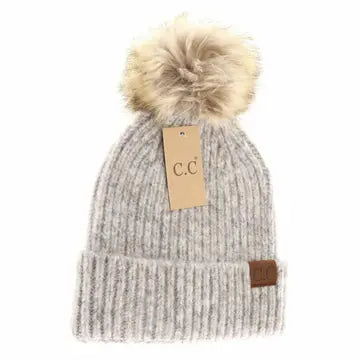 Soft Ribbed Fur Pom C.C Beanie - Dove Multi