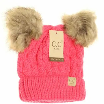 Kids' Cable Knit Double Fur Pom Beanie - Candy Pink & Black