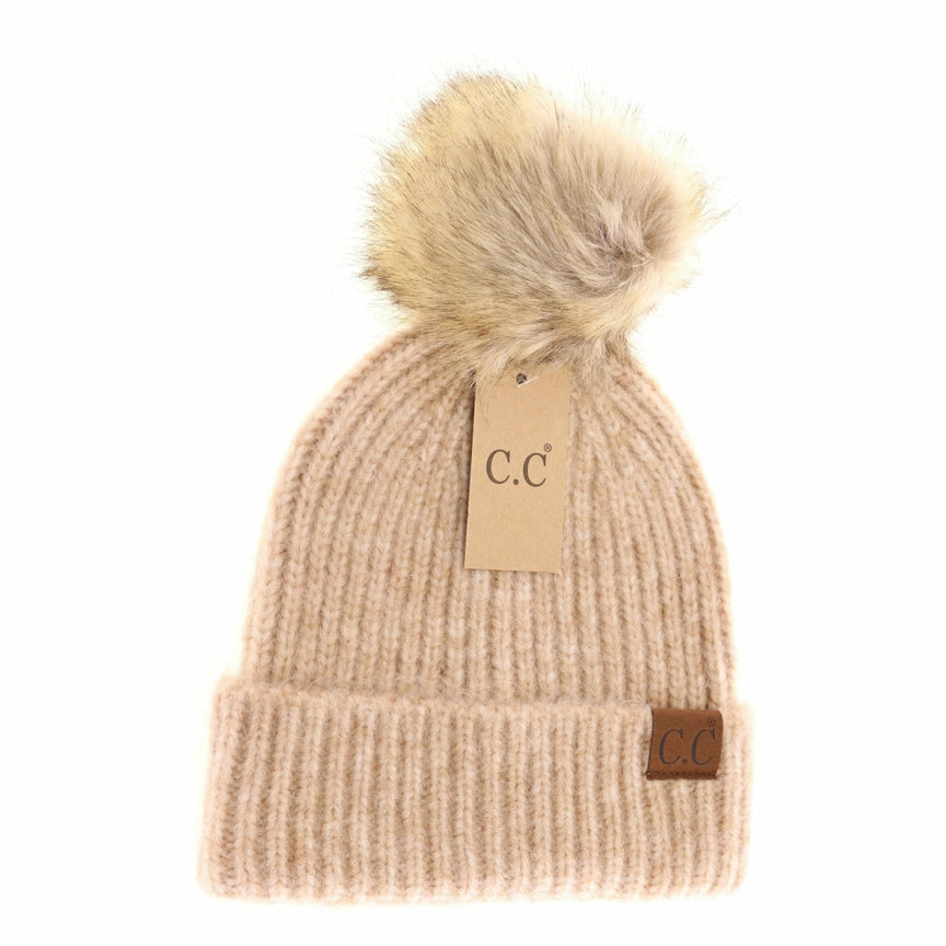 Soft Ribbed Fur Pom C.C Beanie - Sand Multi