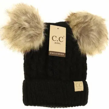 Kids' Cable Knit Double Fur Pom Beanie - Candy Pink & Black